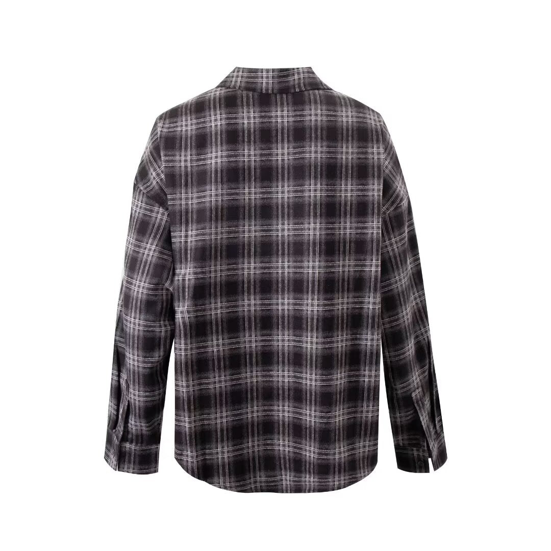 Women Plaid Shirt Long Sleeve Loose Polo Collar Coat Top