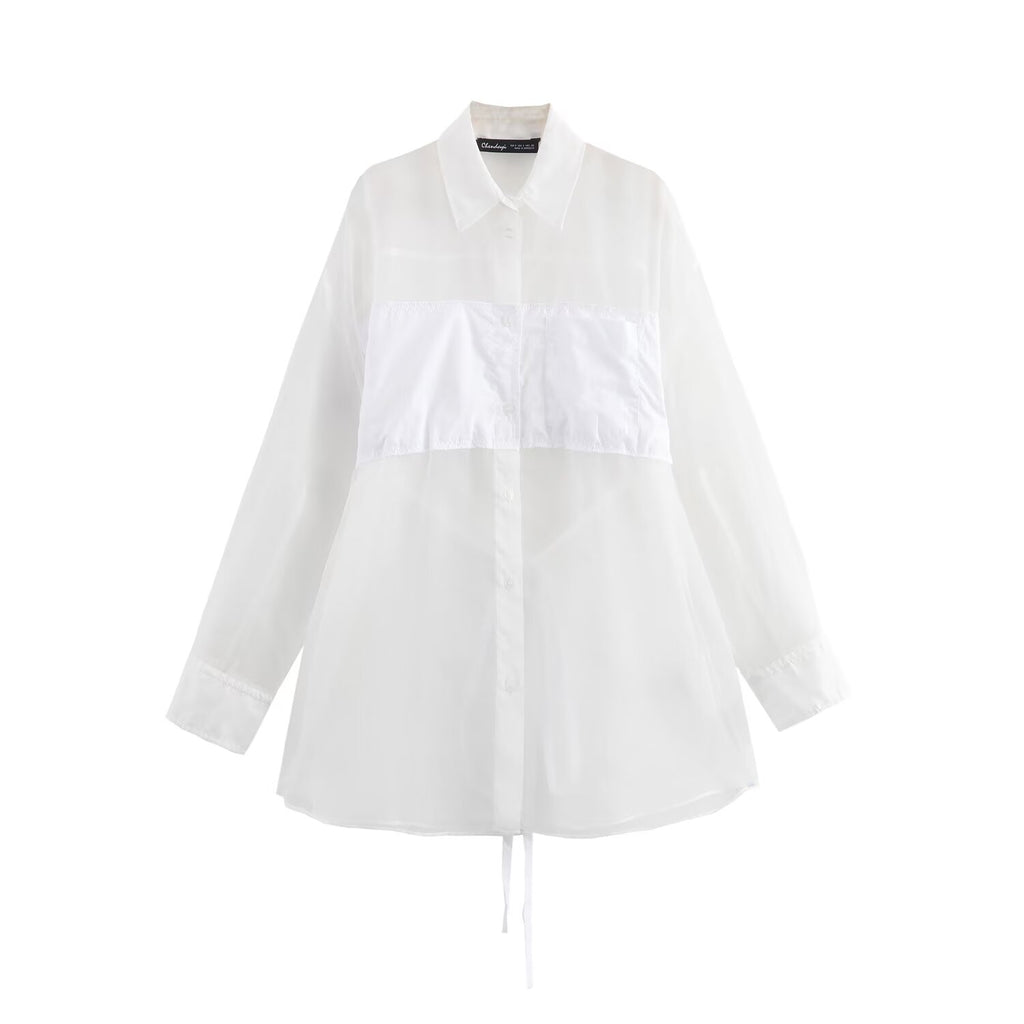 Women Solid Color Transparent Long Sleeve Loose Casual Shirt