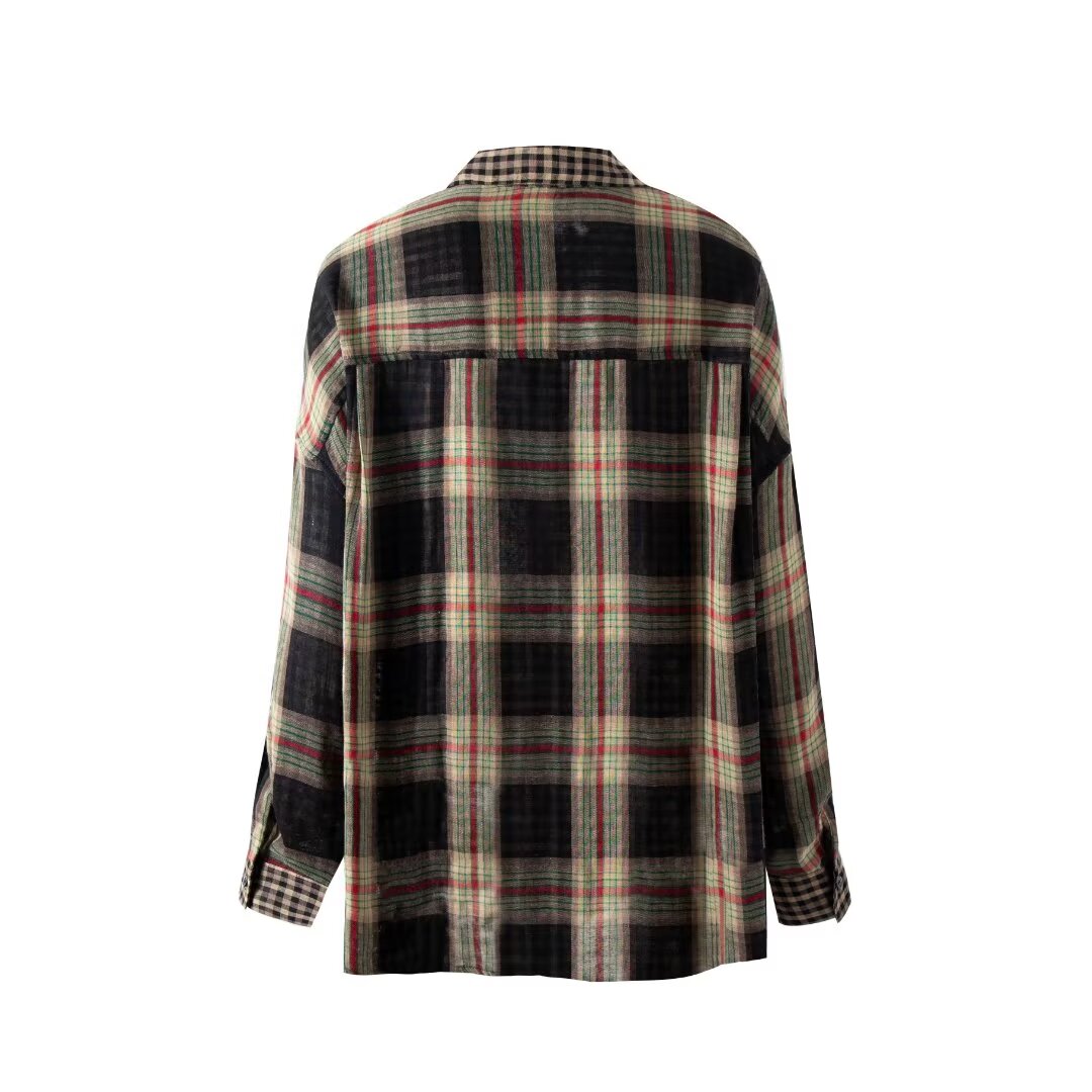 Retro Spliced Plaid Blouse Women Autumn Loose Casual Long Sleeves Couple Clothes Stylish Shirt