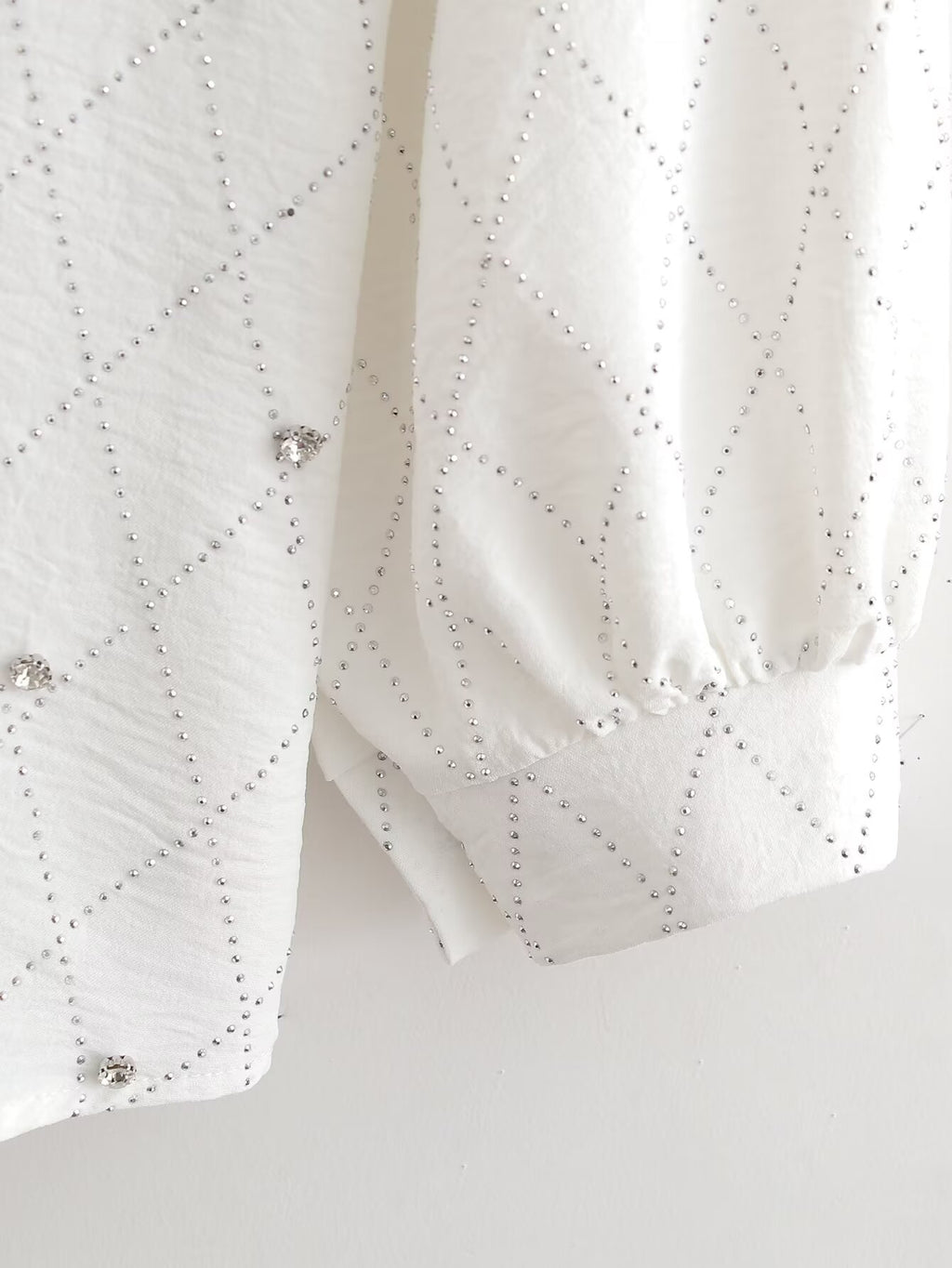 Summer Women Casual Solid Color Rhinestone Top Collared Loose Long Sleeve Shirt