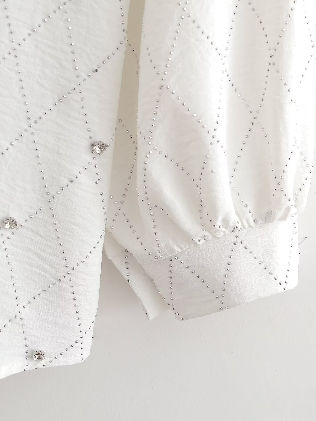 Summer Women Casual Solid Color Rhinestone Top Collared Loose Long Sleeve Shirt