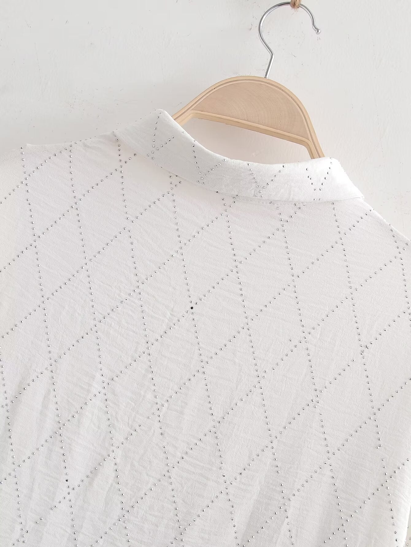 Summer Women Casual Solid Color Rhinestone Top Collared Loose Long Sleeve Shirt