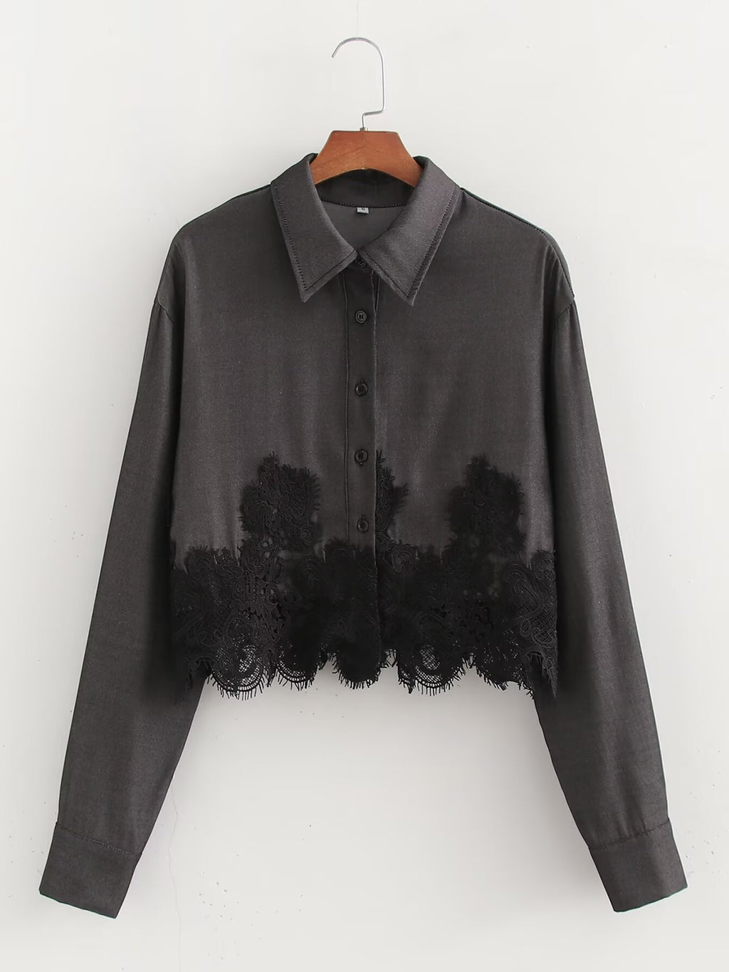 Fall Women Clothing Stylish Simple Imitation Denim Stitching Lace Long Sleeve Shirt