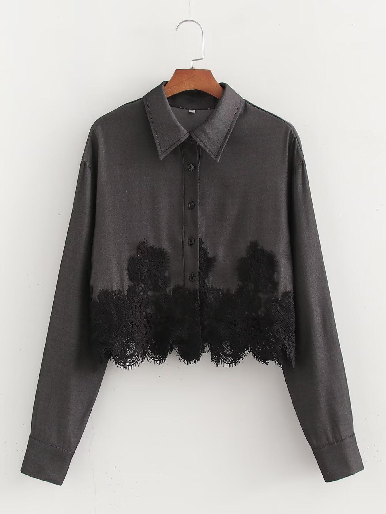 Fall Women Clothing Stylish Simple Imitation Denim Stitching Lace Long Sleeve Shirt