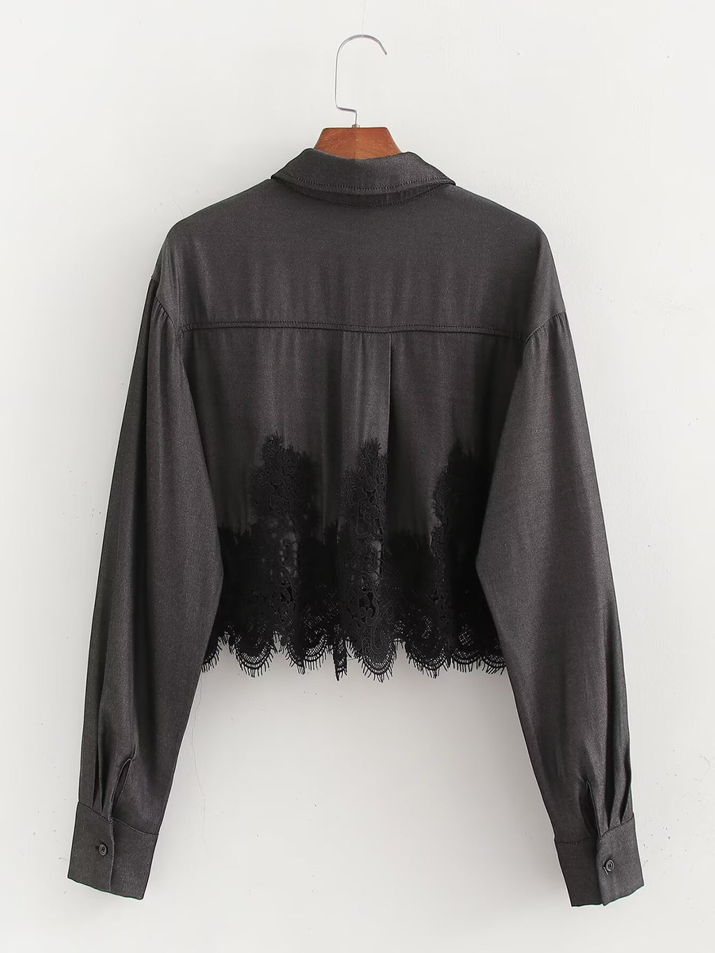 Fall Women Clothing Stylish Simple Imitation Denim Stitching Lace Long Sleeve Shirt