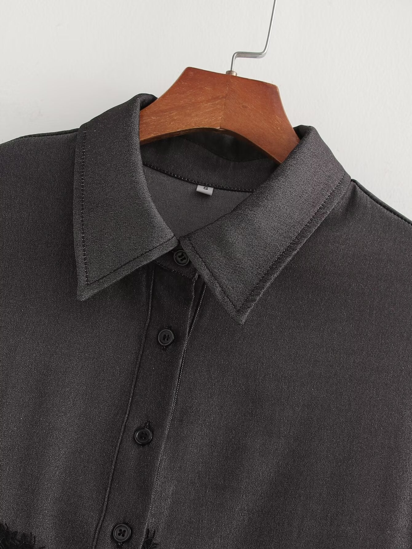 Fall Women Clothing Stylish Simple Imitation Denim Stitching Lace Long Sleeve Shirt