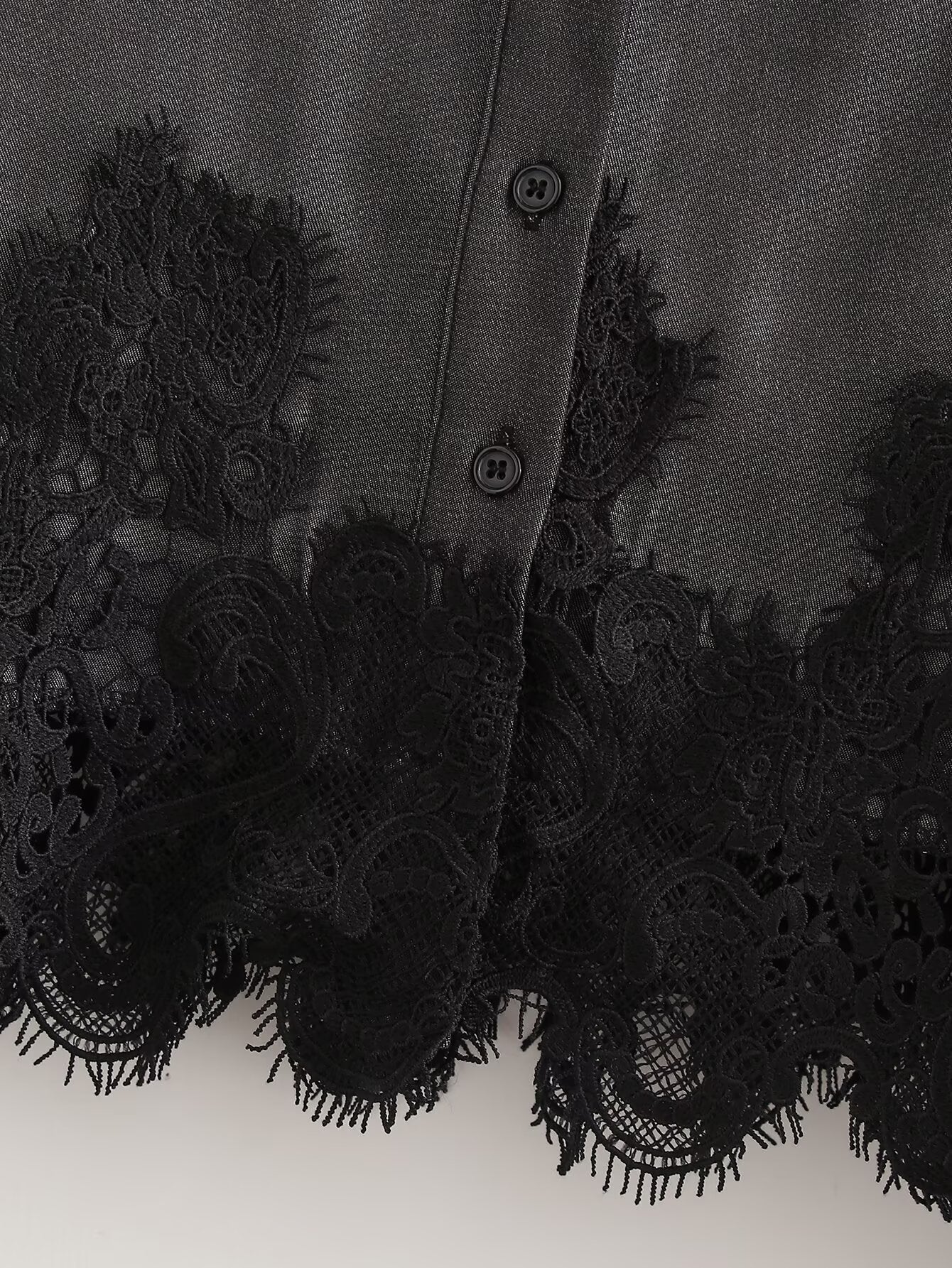 Fall Women Clothing Stylish Simple Imitation Denim Stitching Lace Long Sleeve Shirt