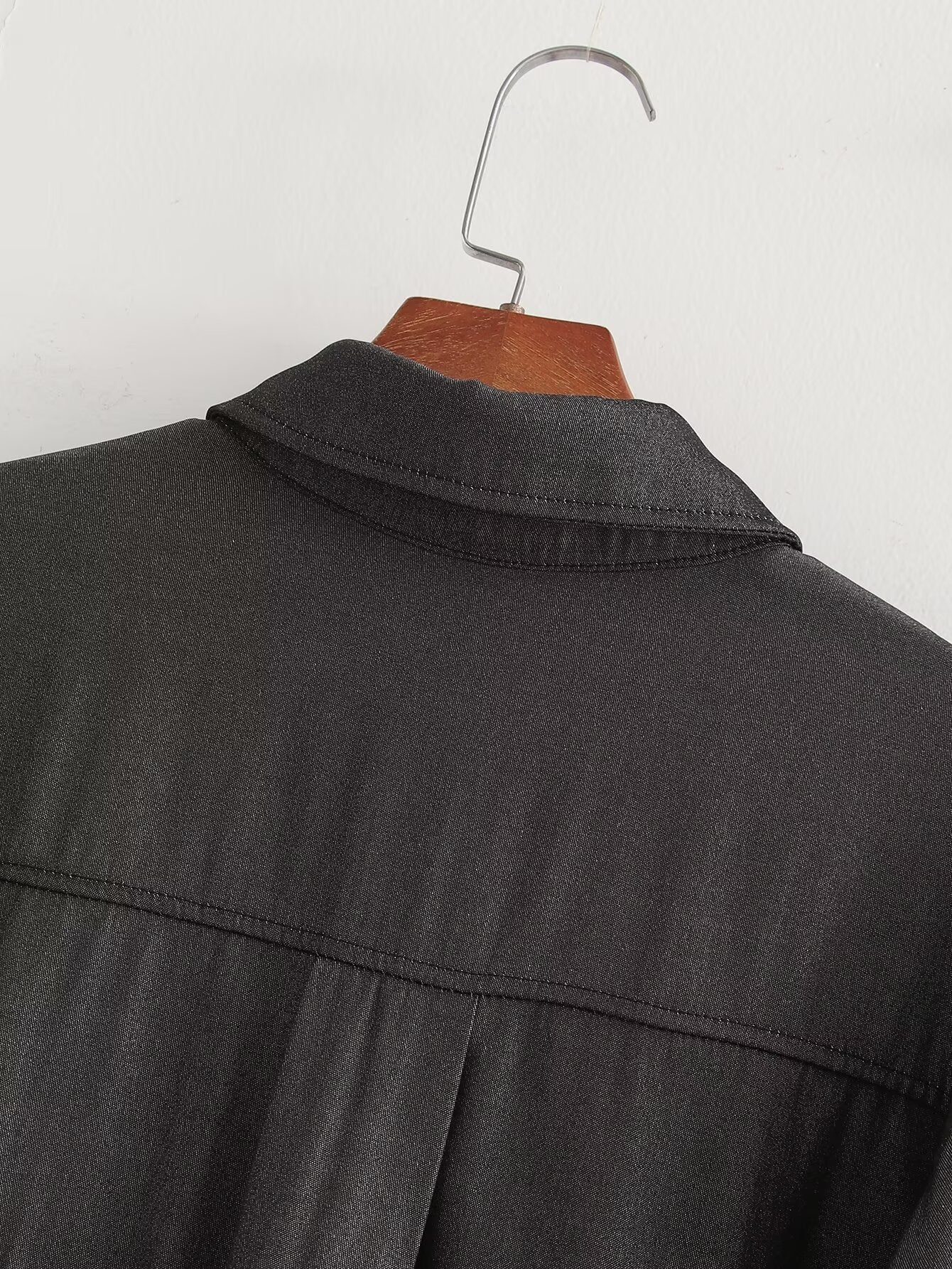 Fall Women Clothing Stylish Simple Imitation Denim Stitching Lace Long Sleeve Shirt