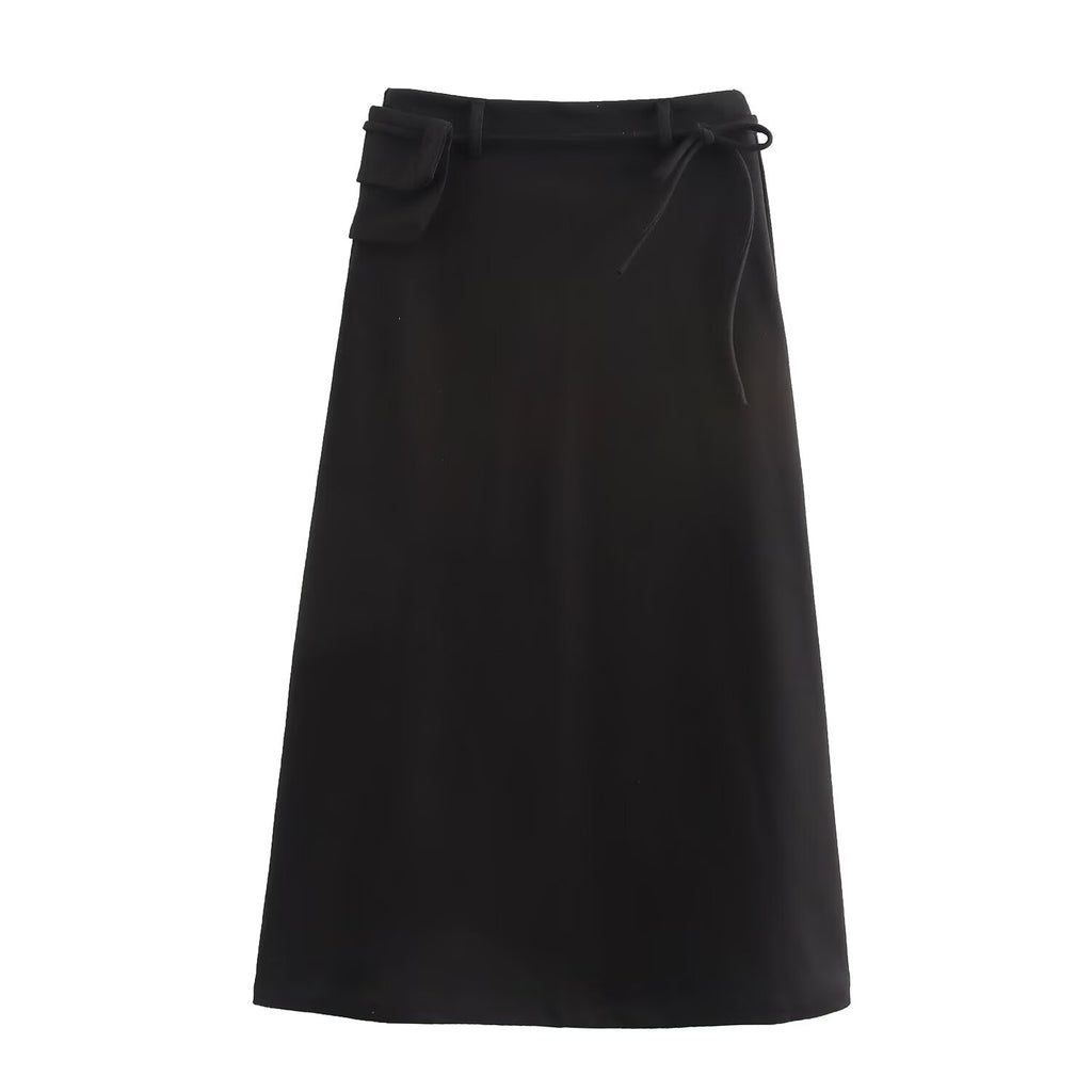 Autumn Winter Women Herringbone Independent Pocket Midi Skirt