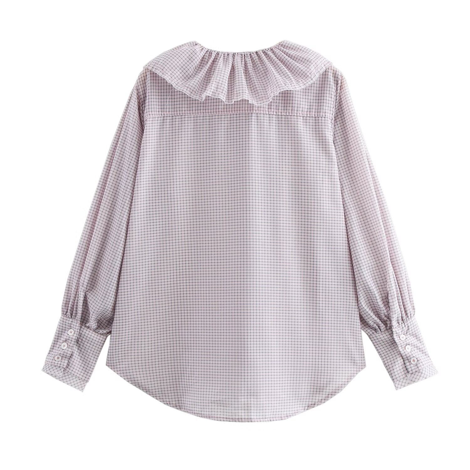 Women Clothing Autumn Design Small Plaid Laminated Decoration Straight Shirt