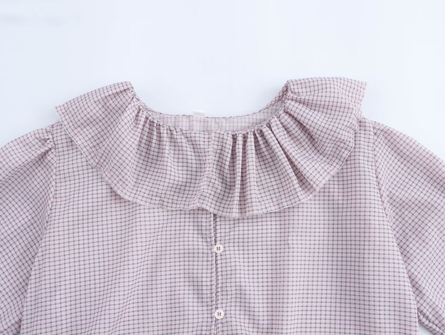 Women Clothing Autumn Design Small Plaid Laminated Decoration Straight Shirt