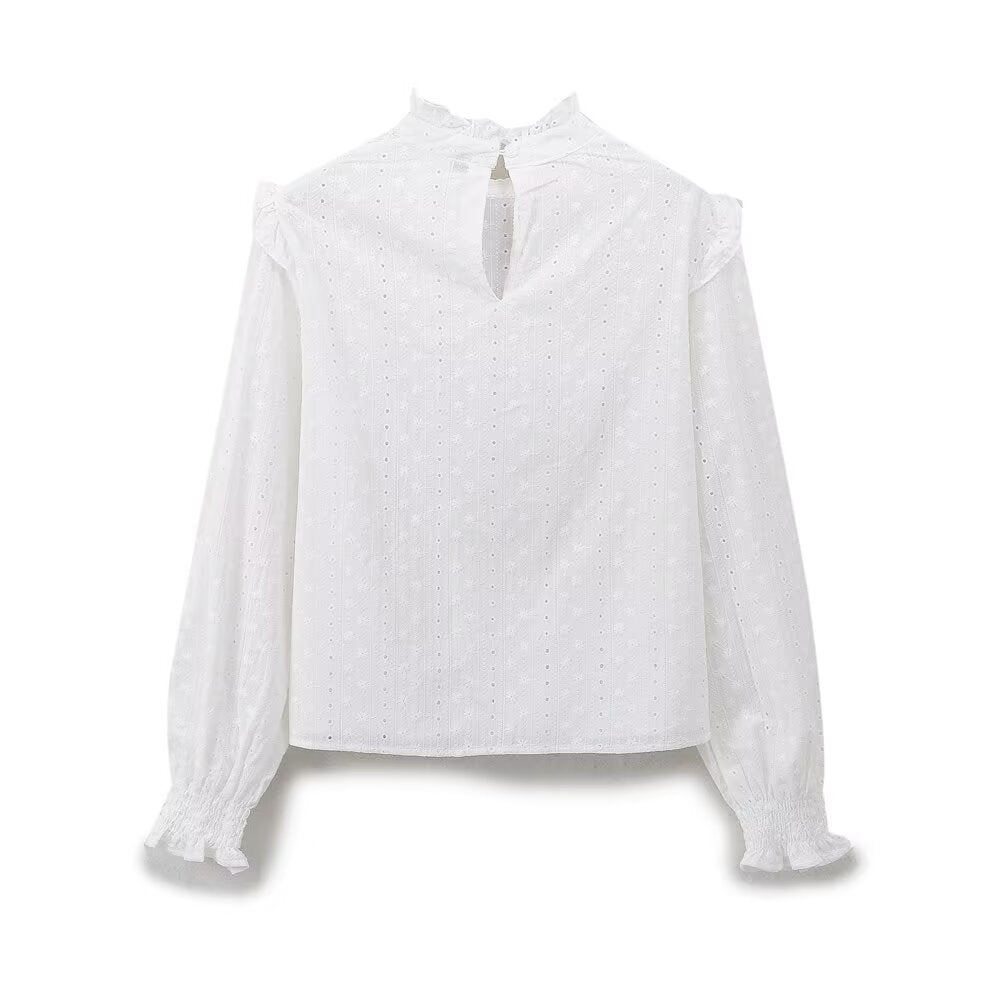 Women Clothing Casual Lace French Cotton round Neck Embroidered Shirt