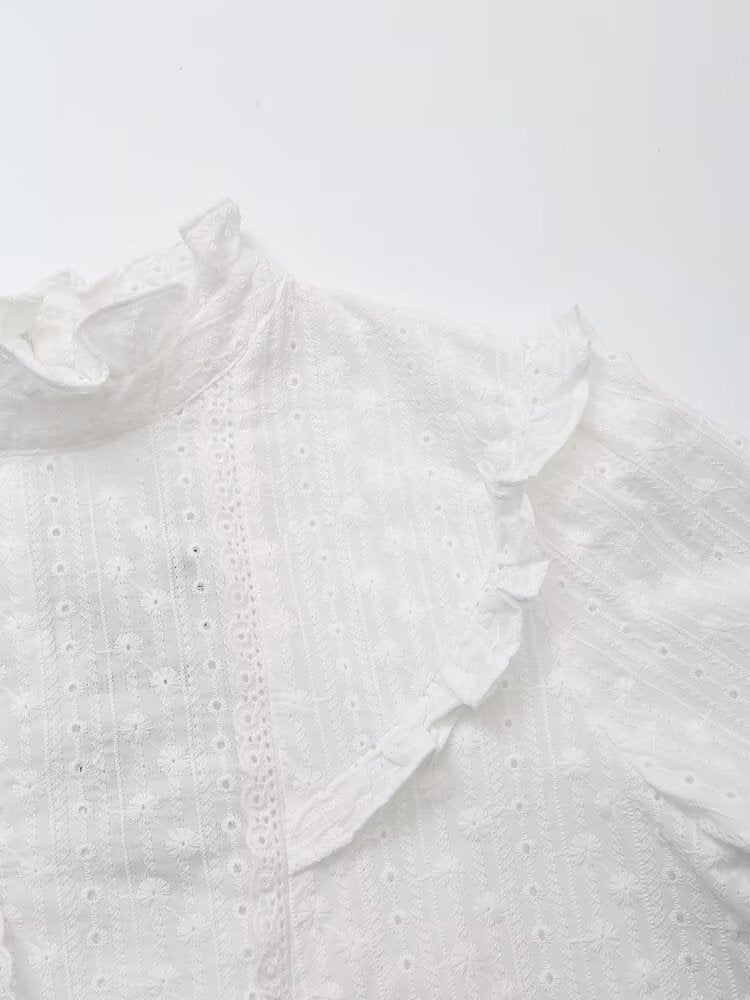 Women Clothing Casual Lace French Cotton round Neck Embroidered Shirt