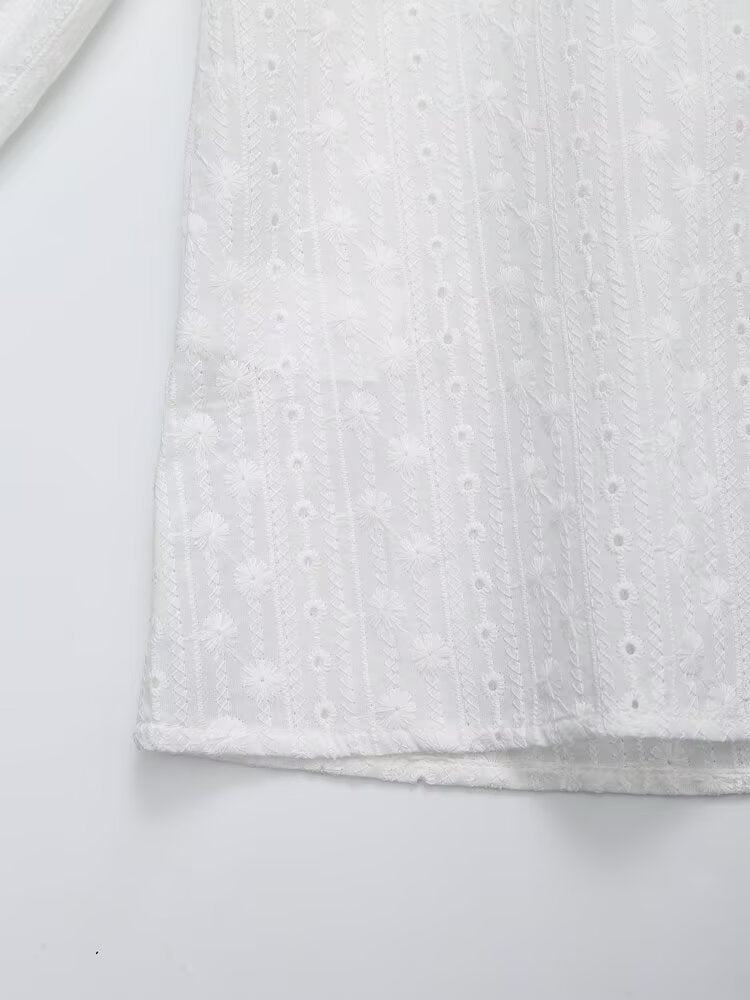 Women Clothing Casual Lace French Cotton round Neck Embroidered Shirt