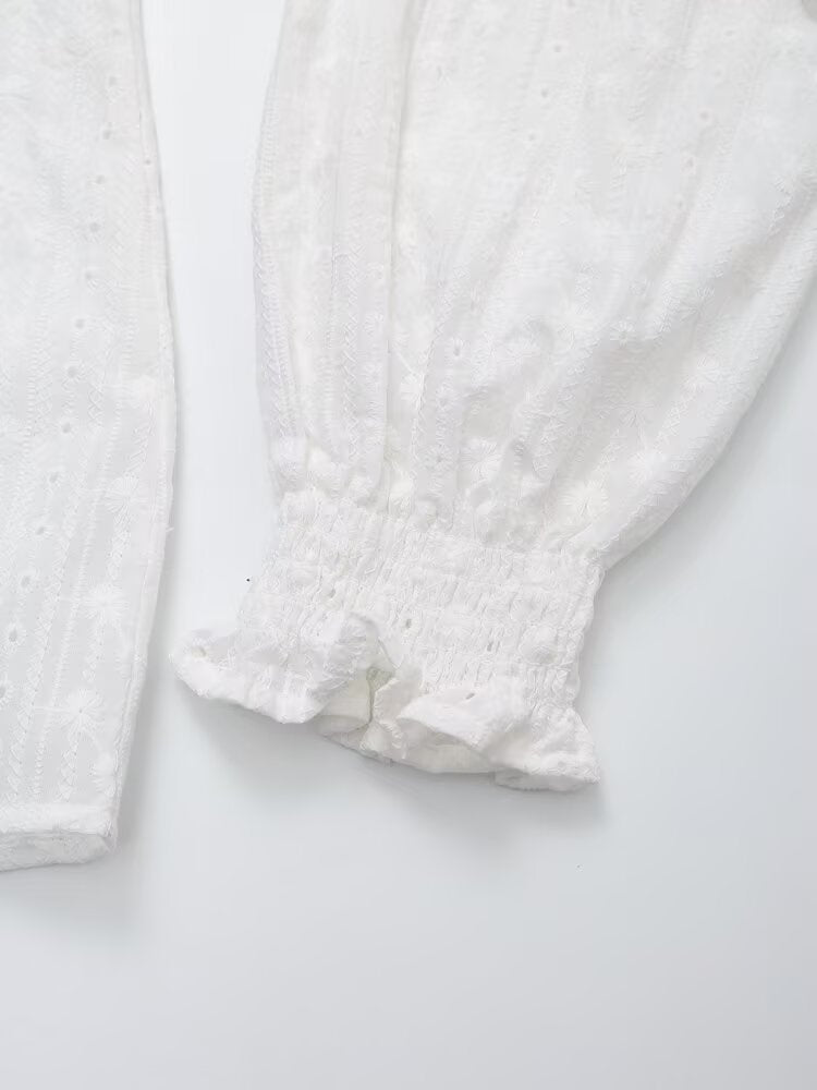 Women Clothing Casual Lace French Cotton round Neck Embroidered Shirt