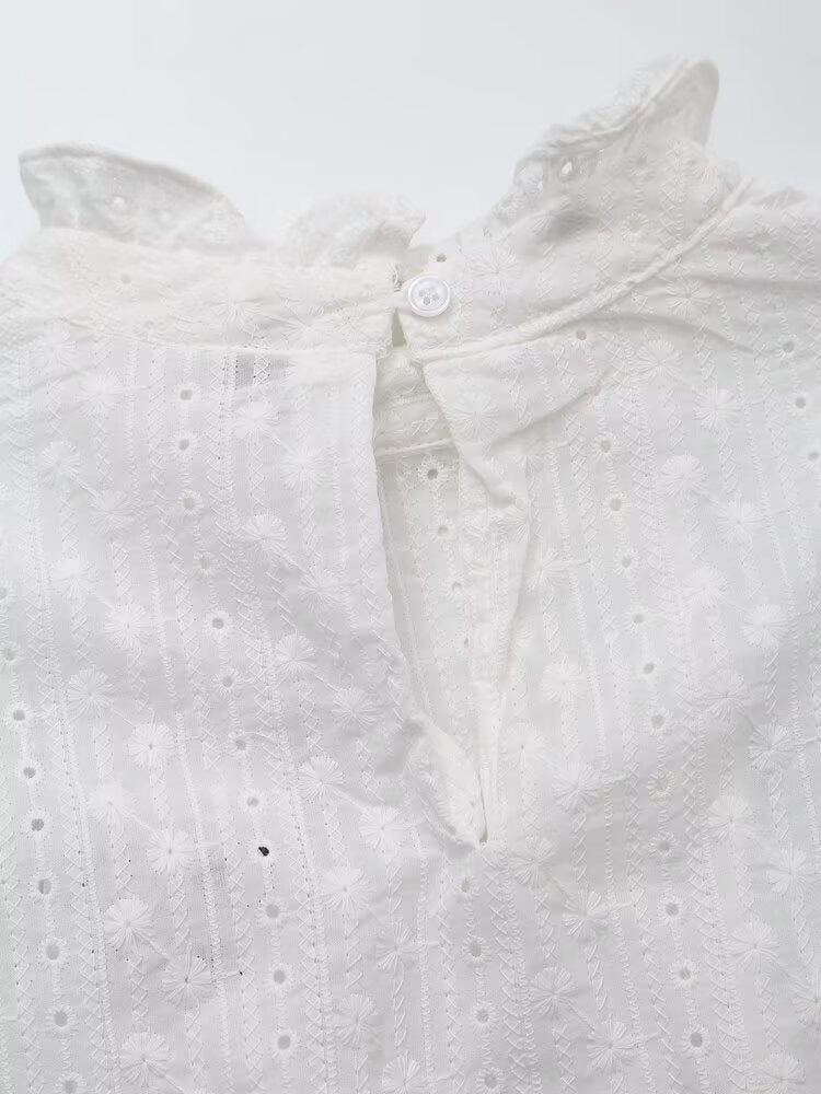 Women Clothing Casual Lace French Cotton round Neck Embroidered Shirt