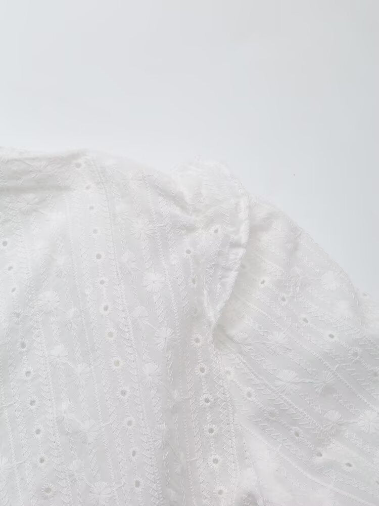 Women Clothing Casual Lace French Cotton round Neck Embroidered Shirt