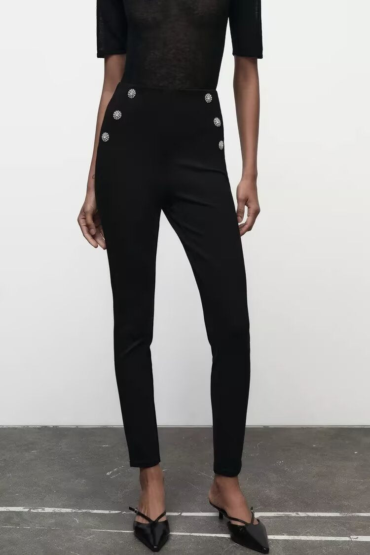 Autumn Women Clothing Jewelry Decorated Row Button Mid Waist Bottoming Trousers