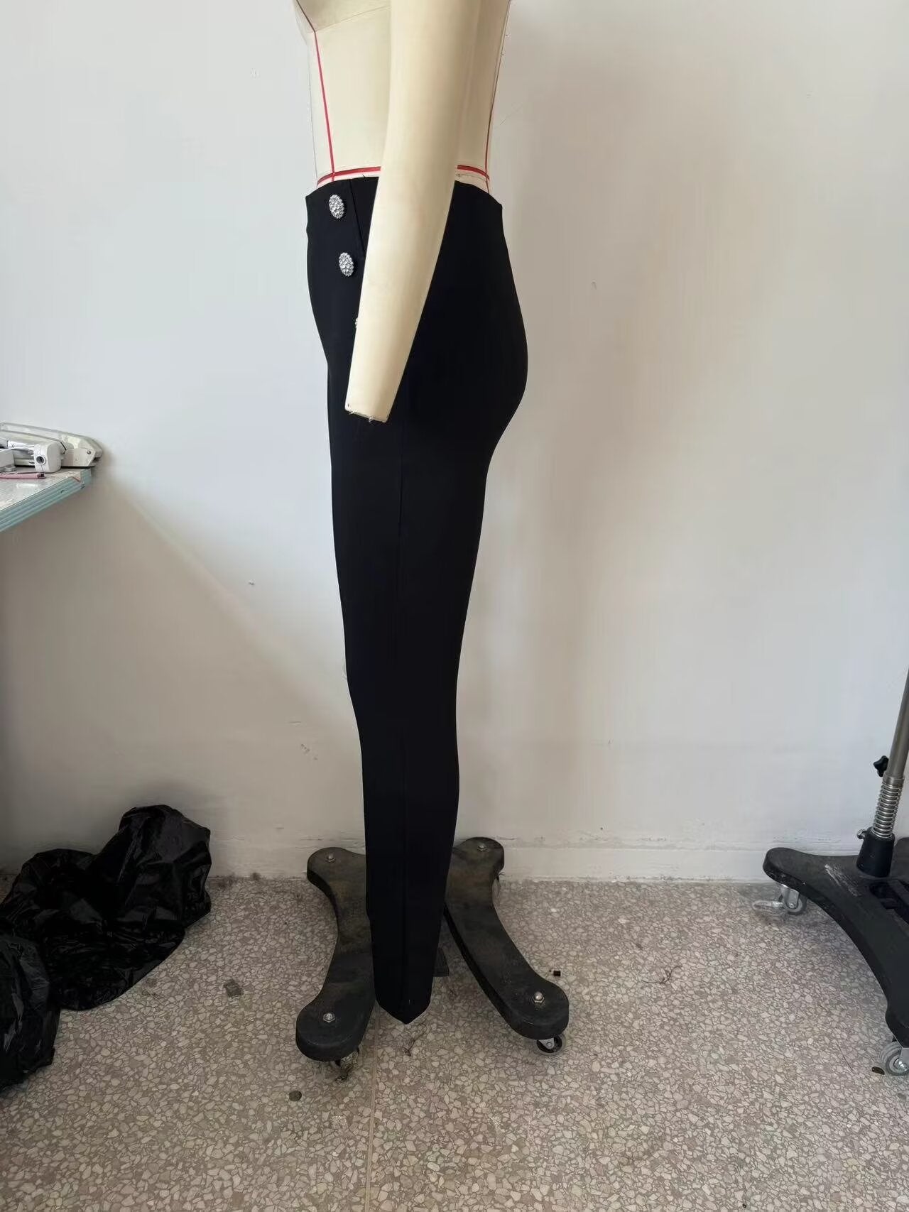 Autumn Women Clothing Jewelry Decorated Row Button Mid Waist Bottoming Trousers