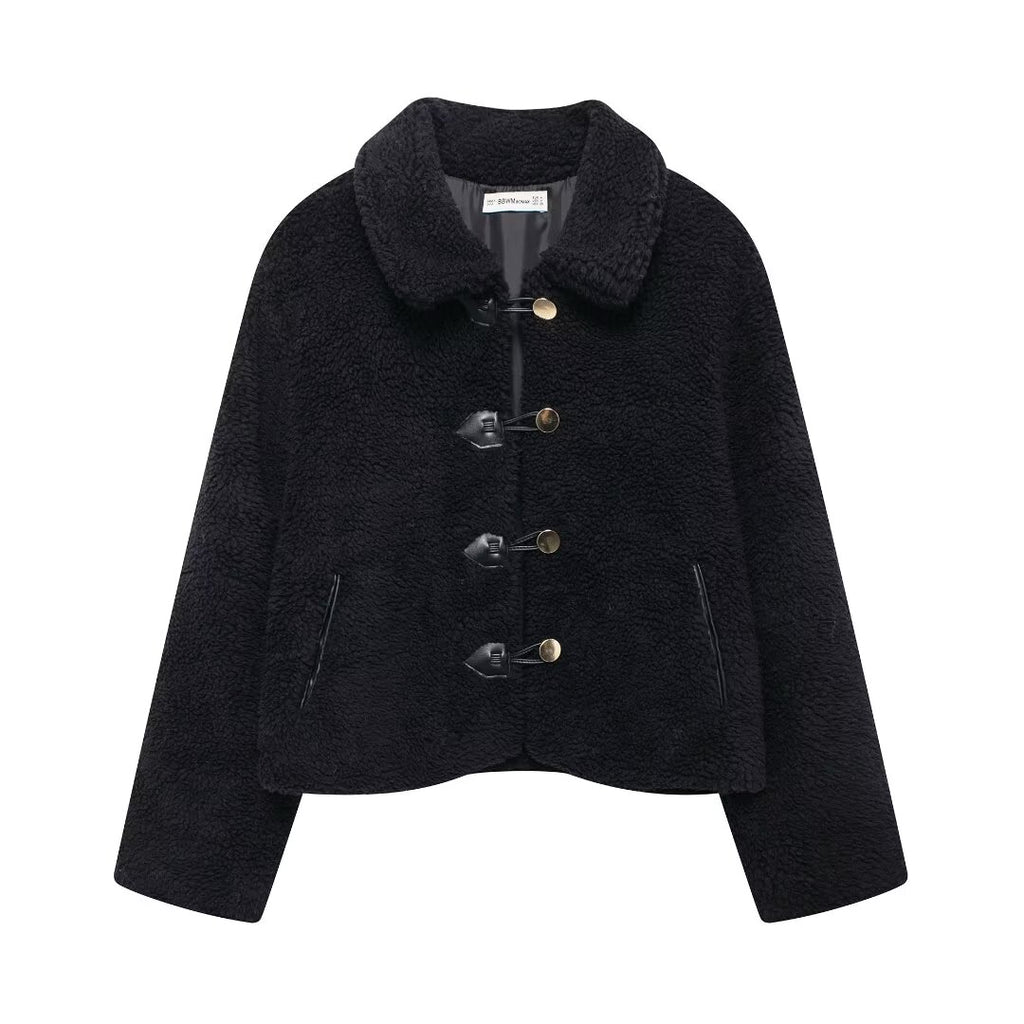 Women Casual Polo Collar Artificial Fur Sheepskin Short Coat