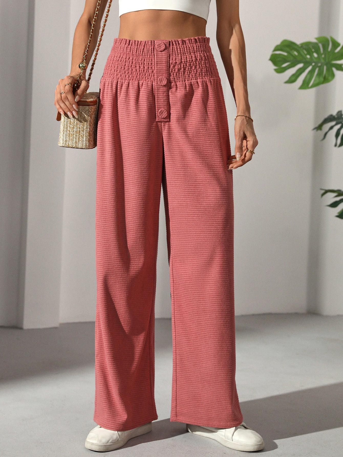 Early Autumn All Match Solid Color High Waist Wooden Ear Waist Straight Casual Elegant French Women Trousers