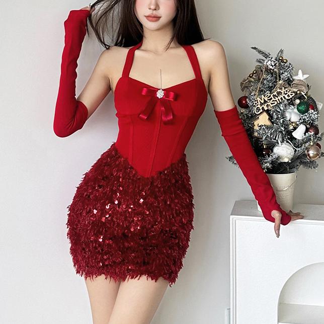 Vêtements d'automne et d'hiver sexy dos nu à paillettes, nœud papillon, couleur unie, style Noël, femme