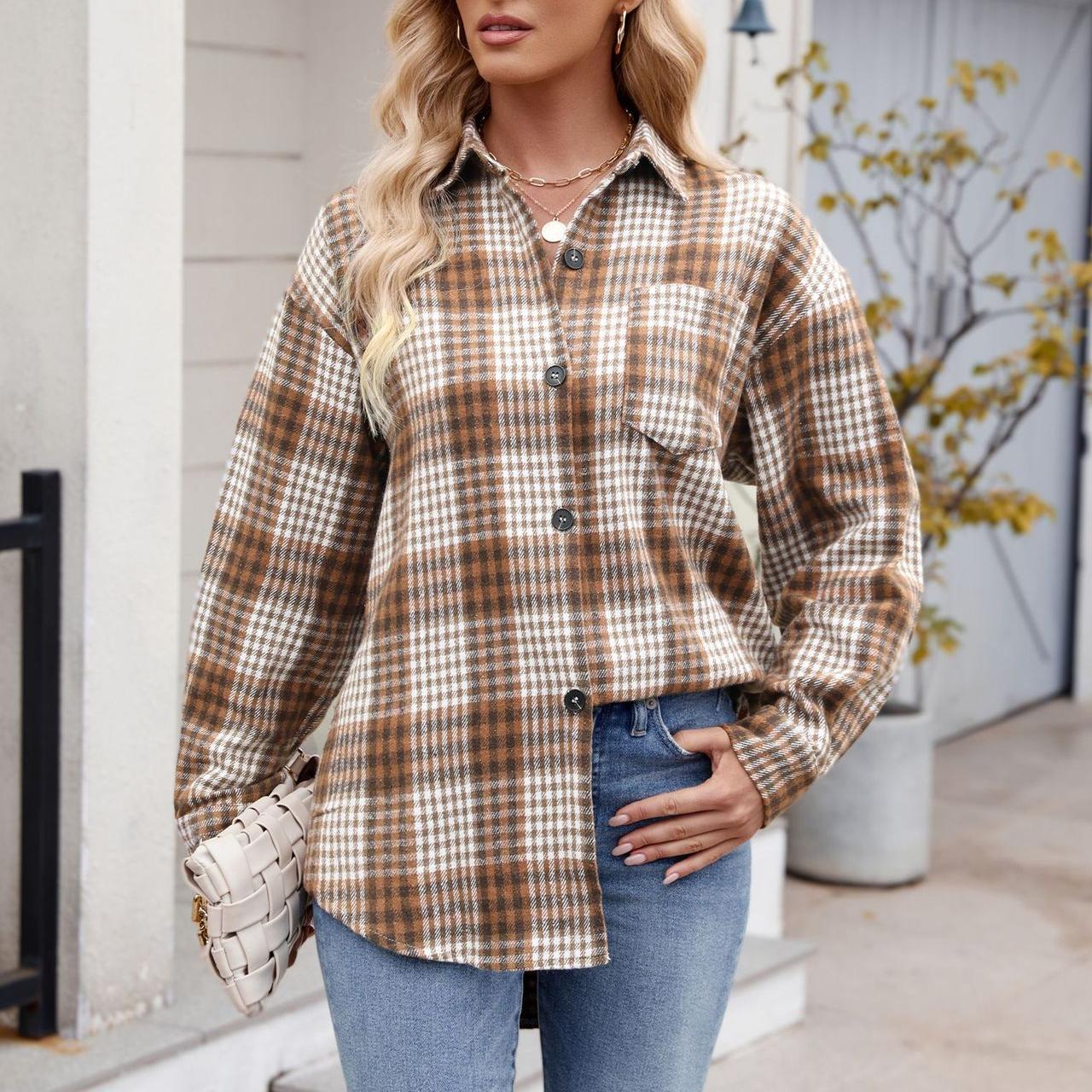 Autumn Winter Women Houndstooth Design Button Flannel Woolen Shirt