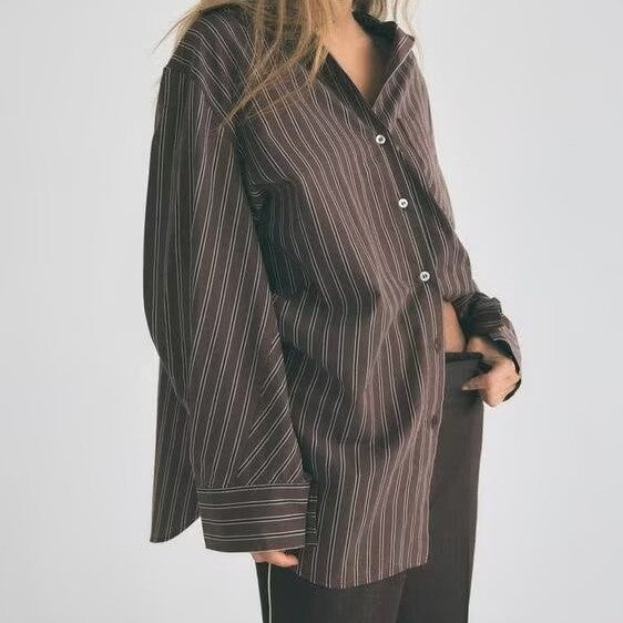 Autumn Women Casual Loose Batwing Sleeve Pocket Striped Shirt
