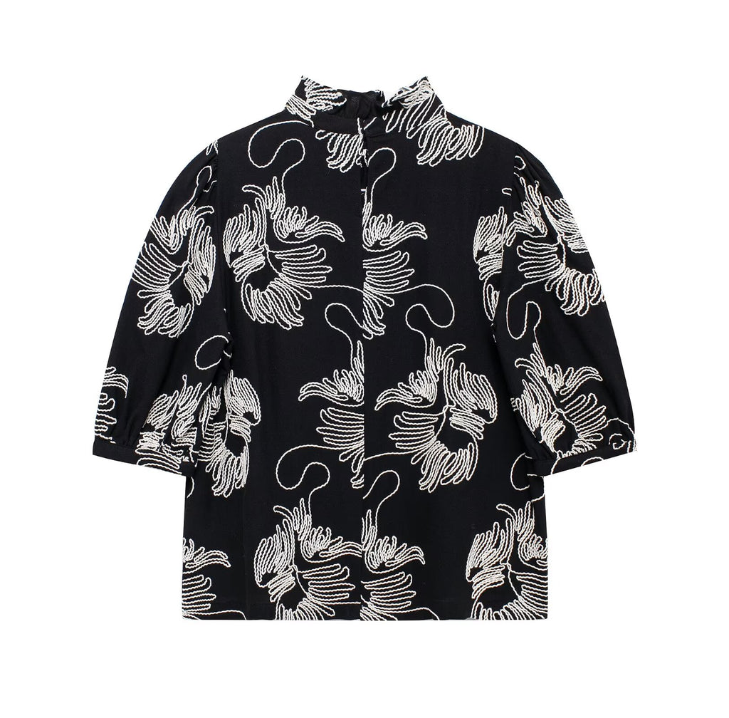 Contrast Color Embroidered Shirt Short Sleeve Elegant Office Printed Shirt Top