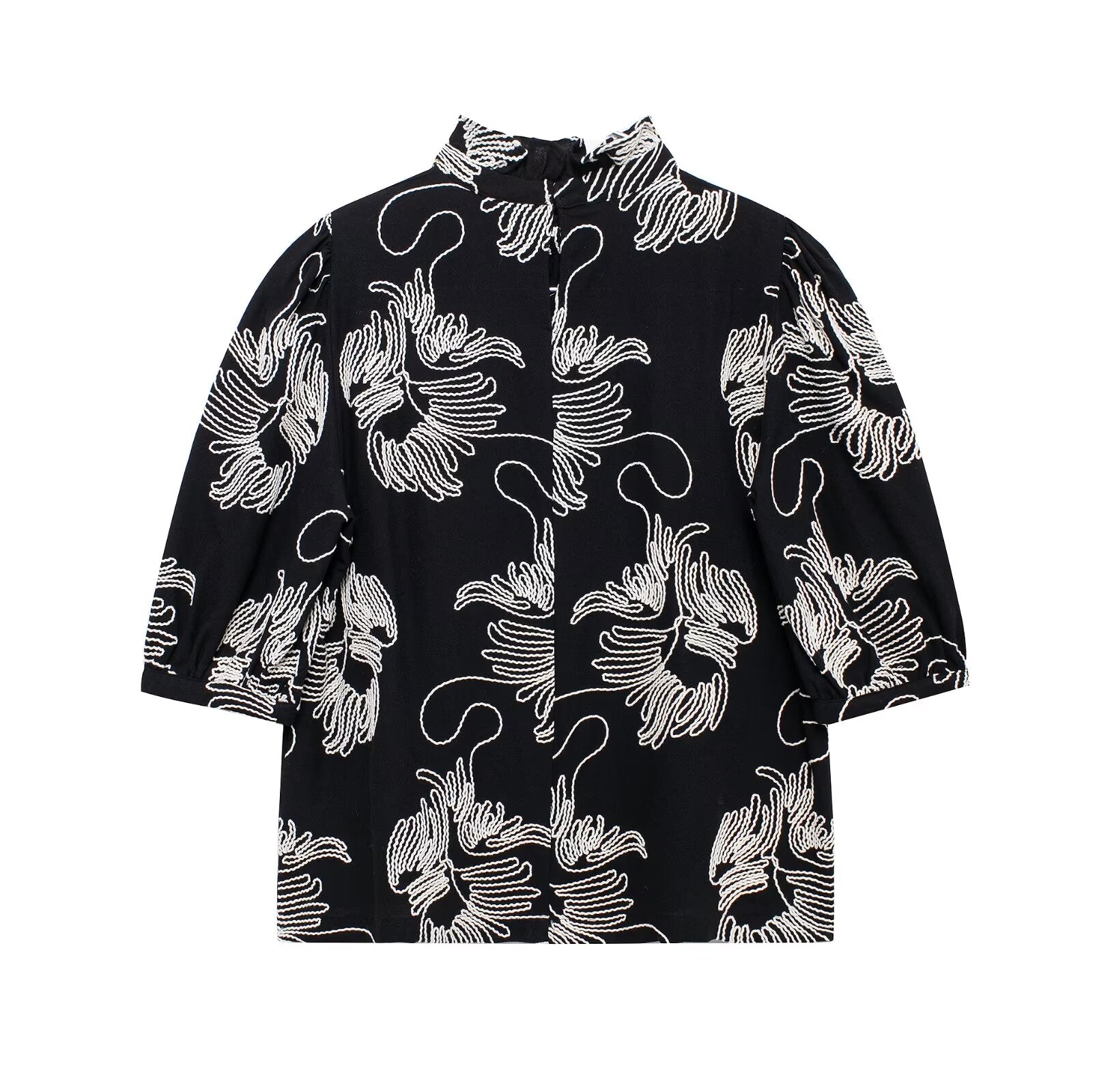 Contrast Color Embroidered Shirt Short Sleeve Elegant Office Printed Shirt Top