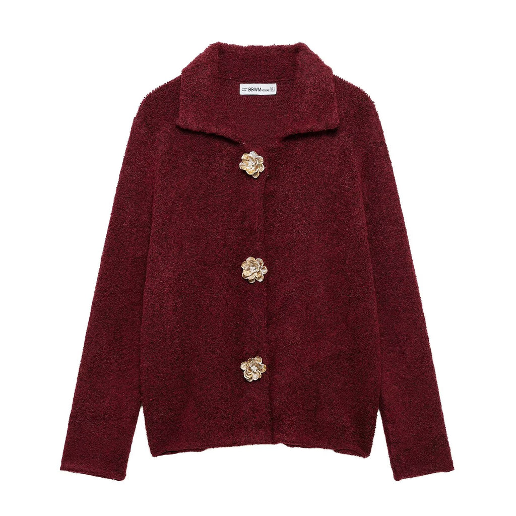Autumn Women Elegant Knitted Cardigan Floral Button