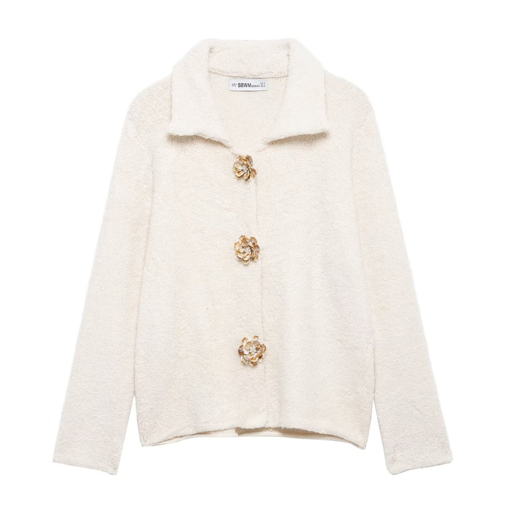 Autumn Women Elegant Knitted Cardigan Floral Button