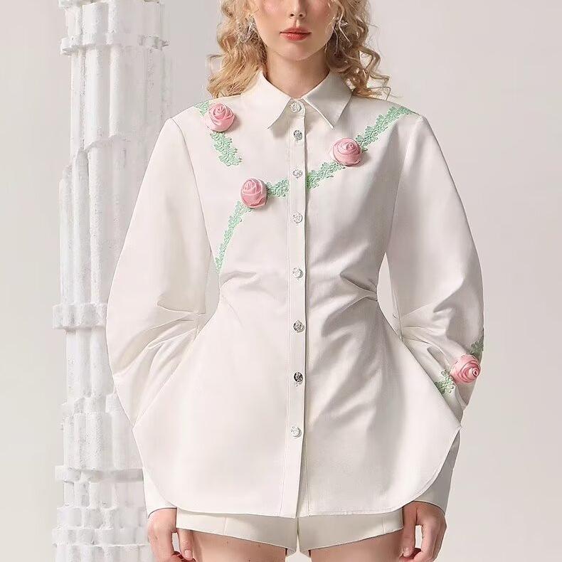 Spring Women Clothing Street Three Dimensional Floral Trim Waist Trimming Shirt