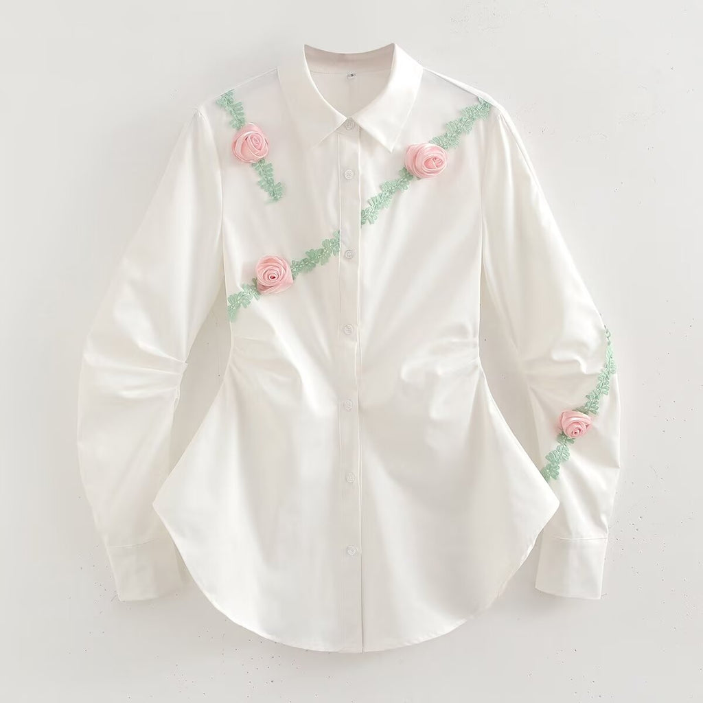 Spring Women Clothing Street Three Dimensional Floral Trim Waist Trimming Shirt