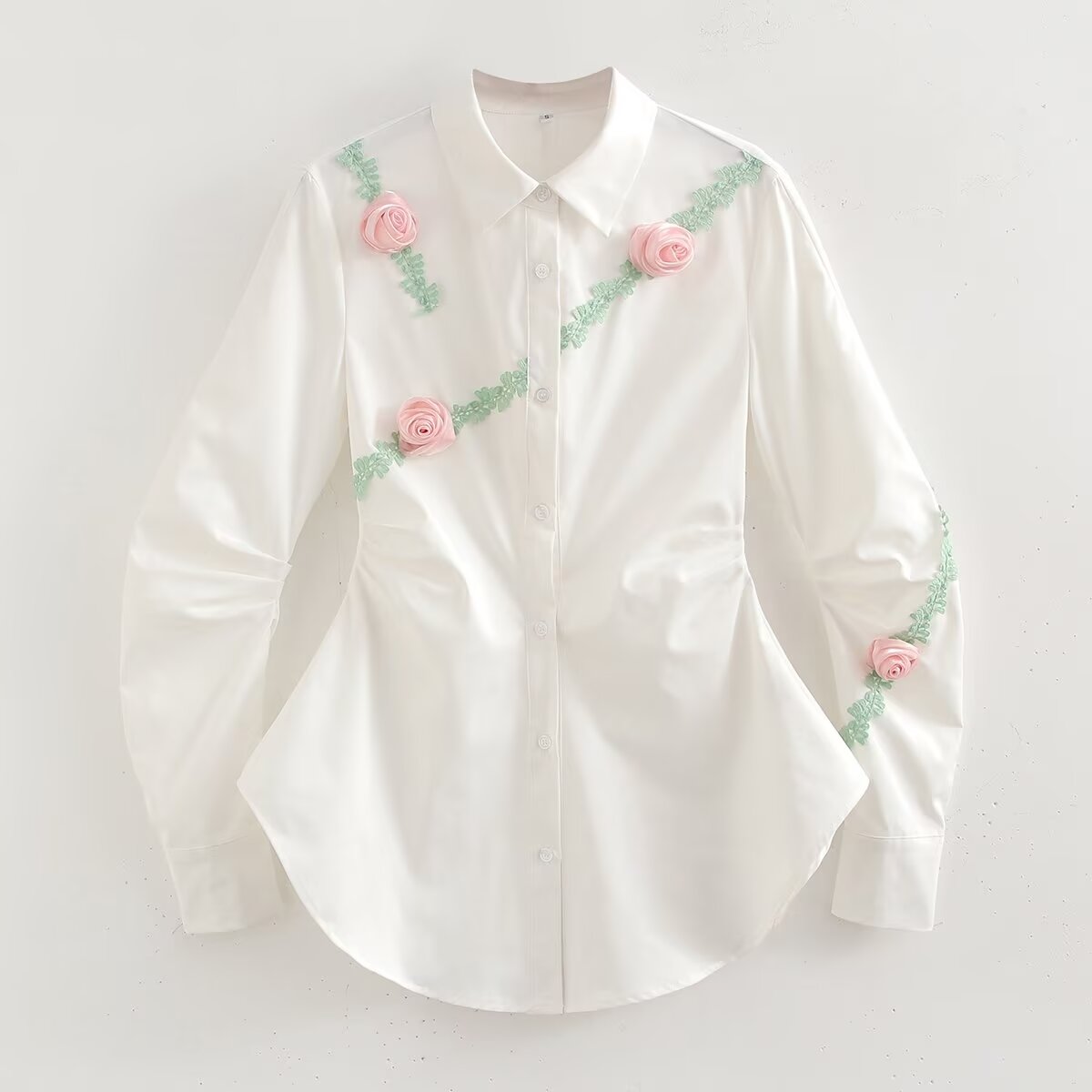 Spring Women Clothing Street Three Dimensional Floral Trim Waist Trimming Shirt