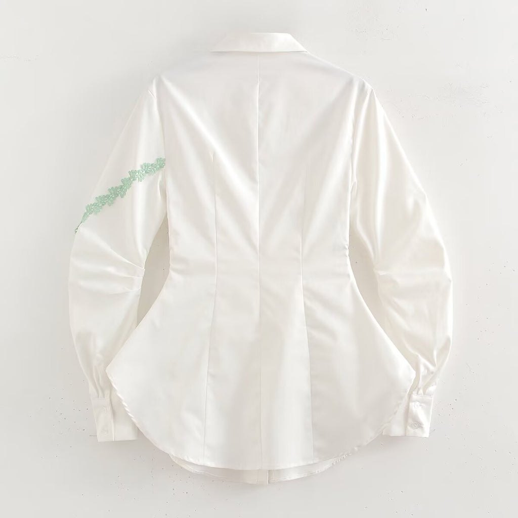 Spring Women Clothing Street Three Dimensional Floral Trim Waist Trimming Shirt