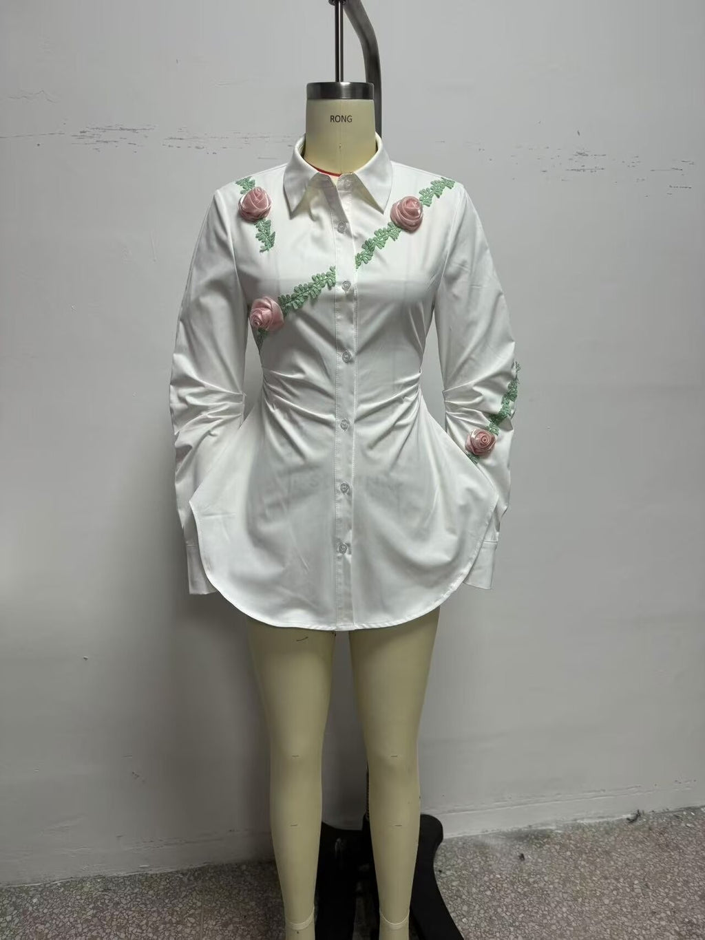 Spring Women Clothing Street Three Dimensional Floral Trim Waist Trimming Shirt