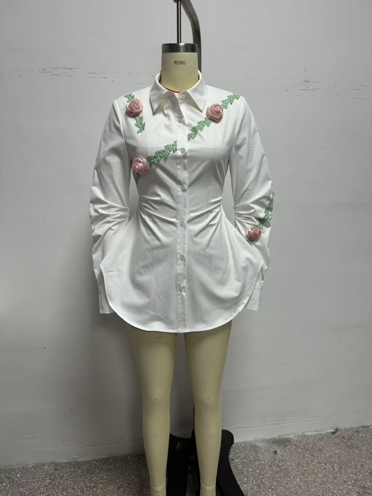 Spring Women Clothing Street Three Dimensional Floral Trim Waist Trimming Shirt