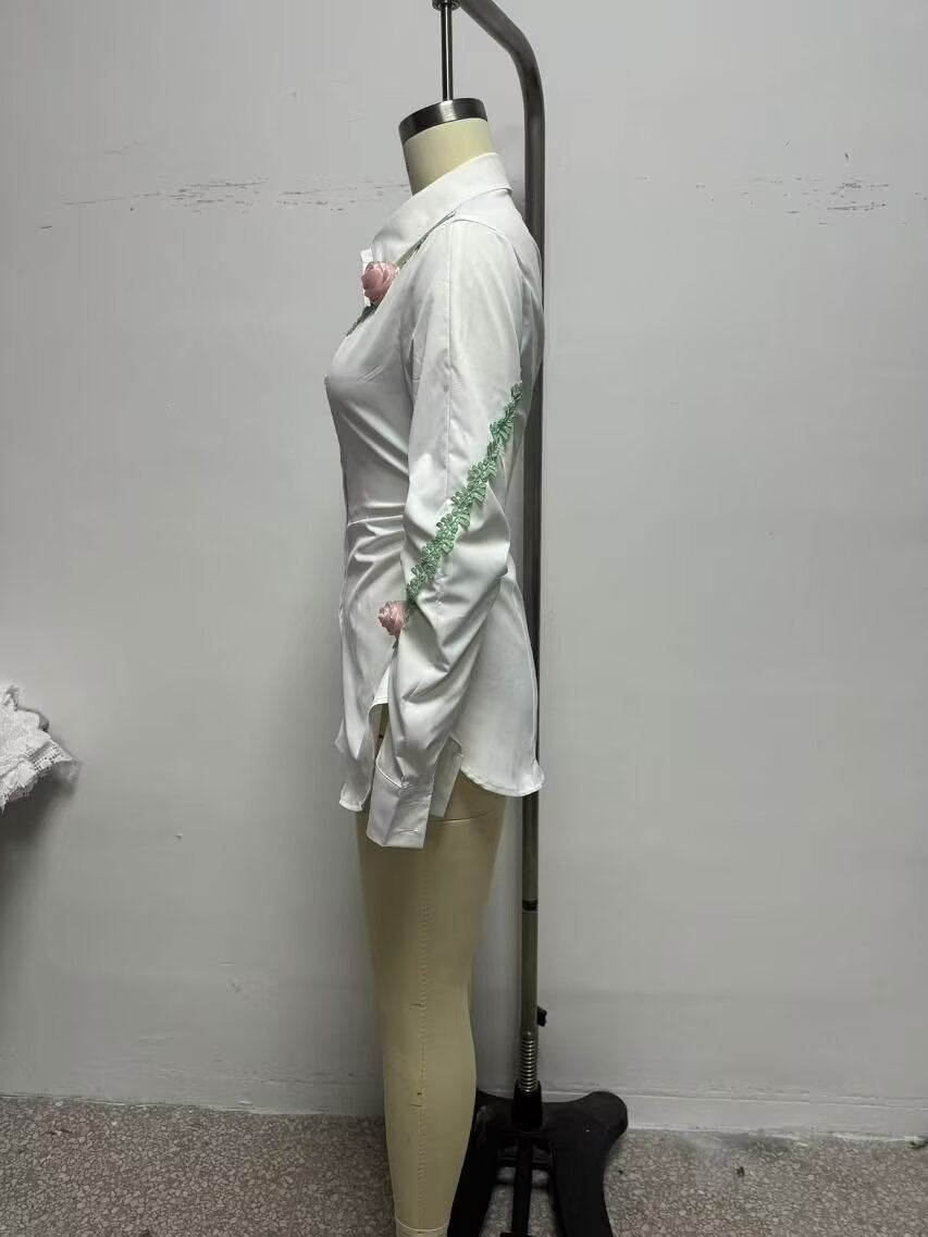 Spring Women Clothing Street Three Dimensional Floral Trim Waist Trimming Shirt