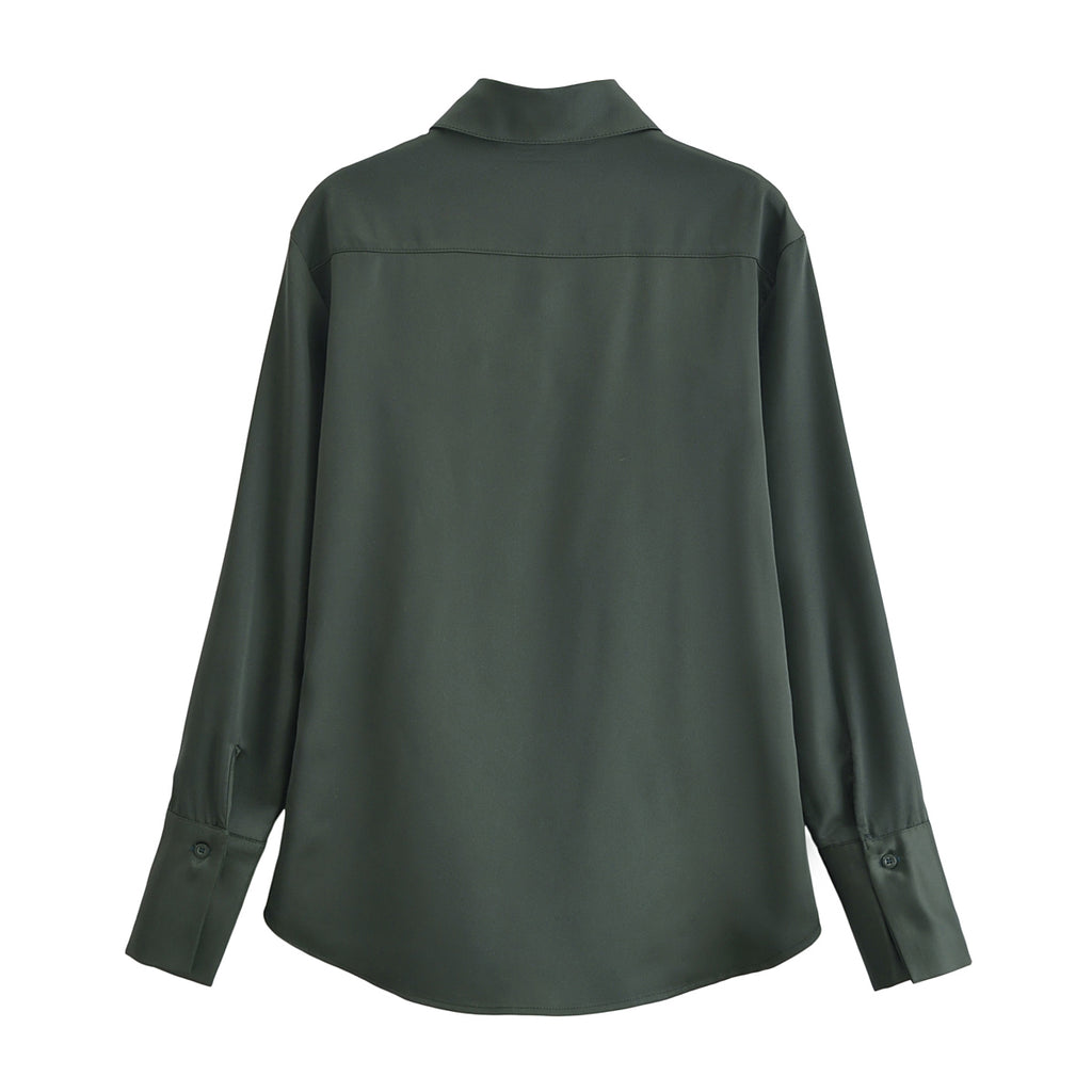 Women Clothing Spring Street Casual Pocket Satin Shirt