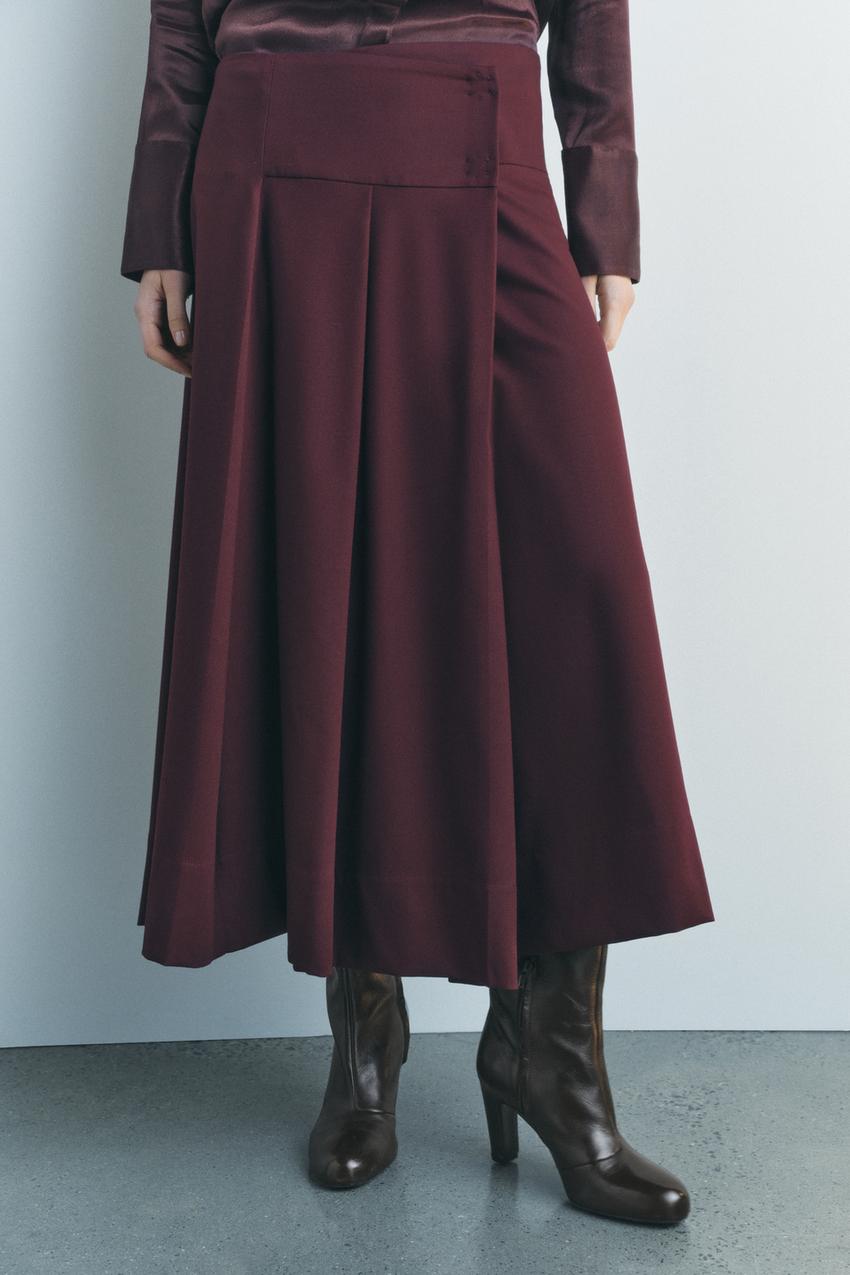 Women Clothing Autumn Winter Graceful Fashionable Two Color Wide Pleated Midi Skirt