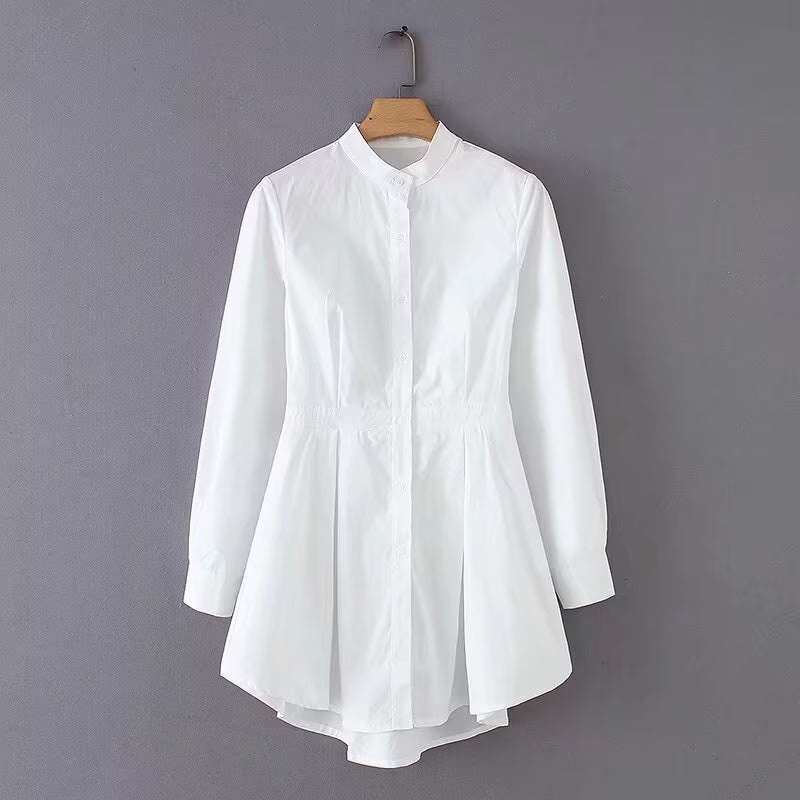Summer Office All Match White Stand Collar Tight Waist Irregular Asymmetric Hem Cotton Shirt