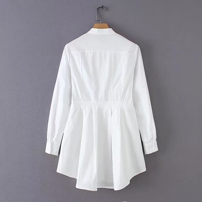 Summer Office All Match White Stand Collar Tight Waist Irregular Asymmetric Hem Cotton Shirt