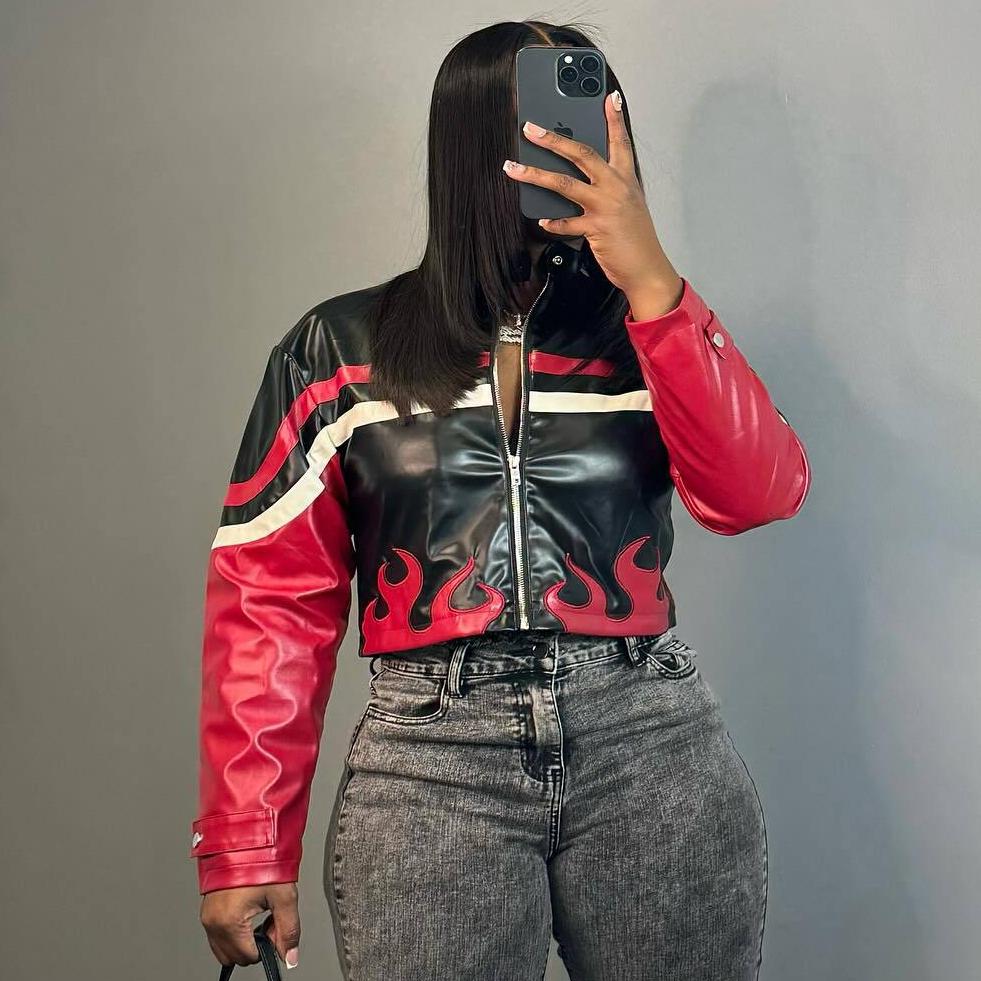 Women Clothing Embroidery Flame Stitching Locomotive Jacket Leather Coat (Including Lining)