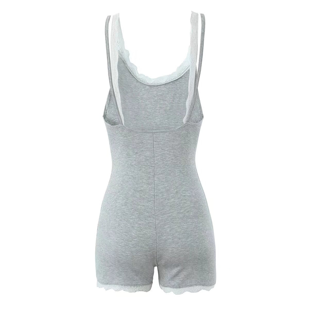 Summer Sexy Contrast Color Lace Splicing Sling Jumpsuit Backless Slim Fit Base Shorts Women