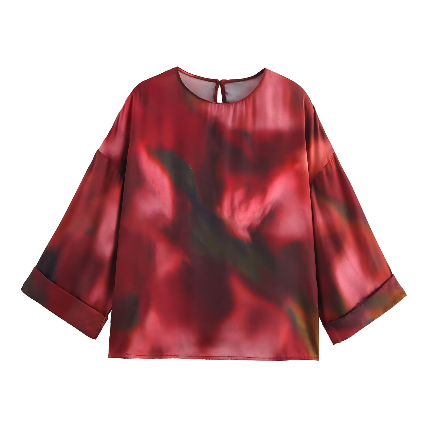 Women Clothing Spring Printed Pullover Silk Satin Texture round Neck Long Sleeve Shirt