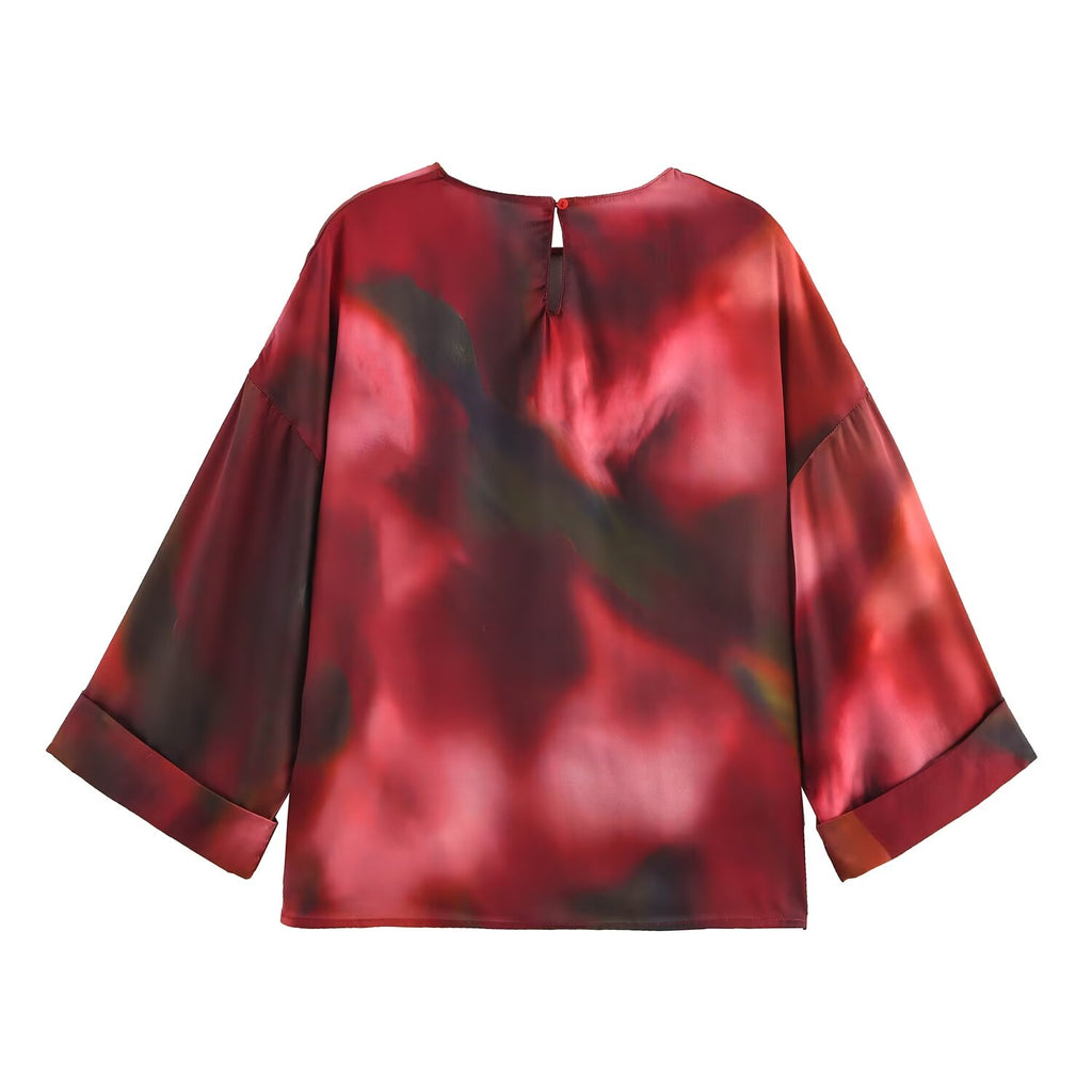 Women Clothing Spring Printed Pullover Silk Satin Texture round Neck Long Sleeve Shirt