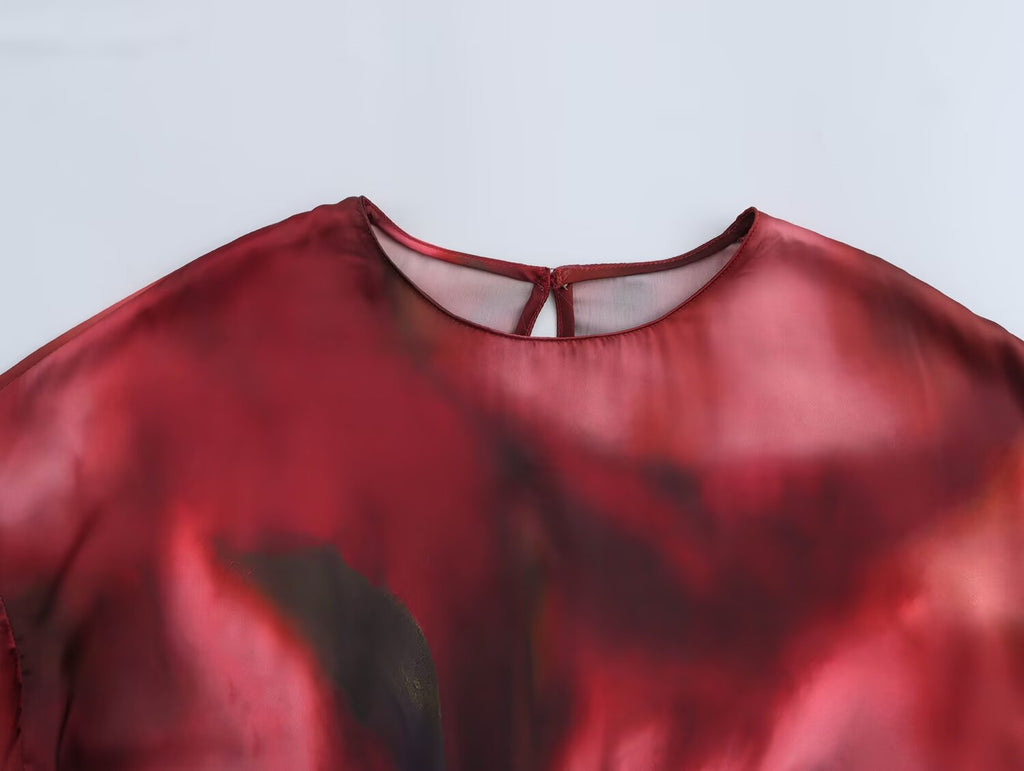 Women Clothing Spring Printed Pullover Silk Satin Texture round Neck Long Sleeve Shirt