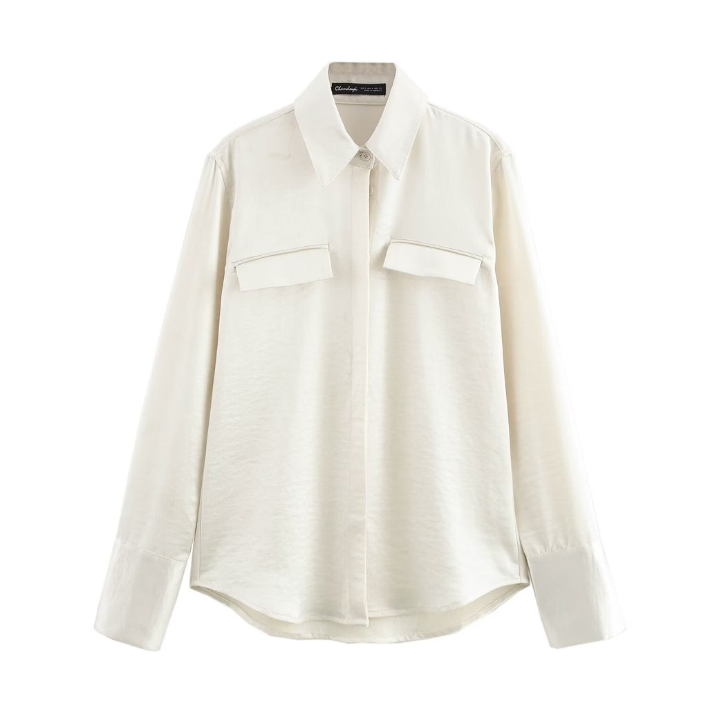 Women Solid Color Long Sleeve Pocket Silk Satin Texture Shirt