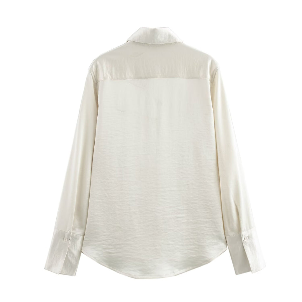 Women Solid Color Long Sleeve Pocket Silk Satin Texture Shirt
